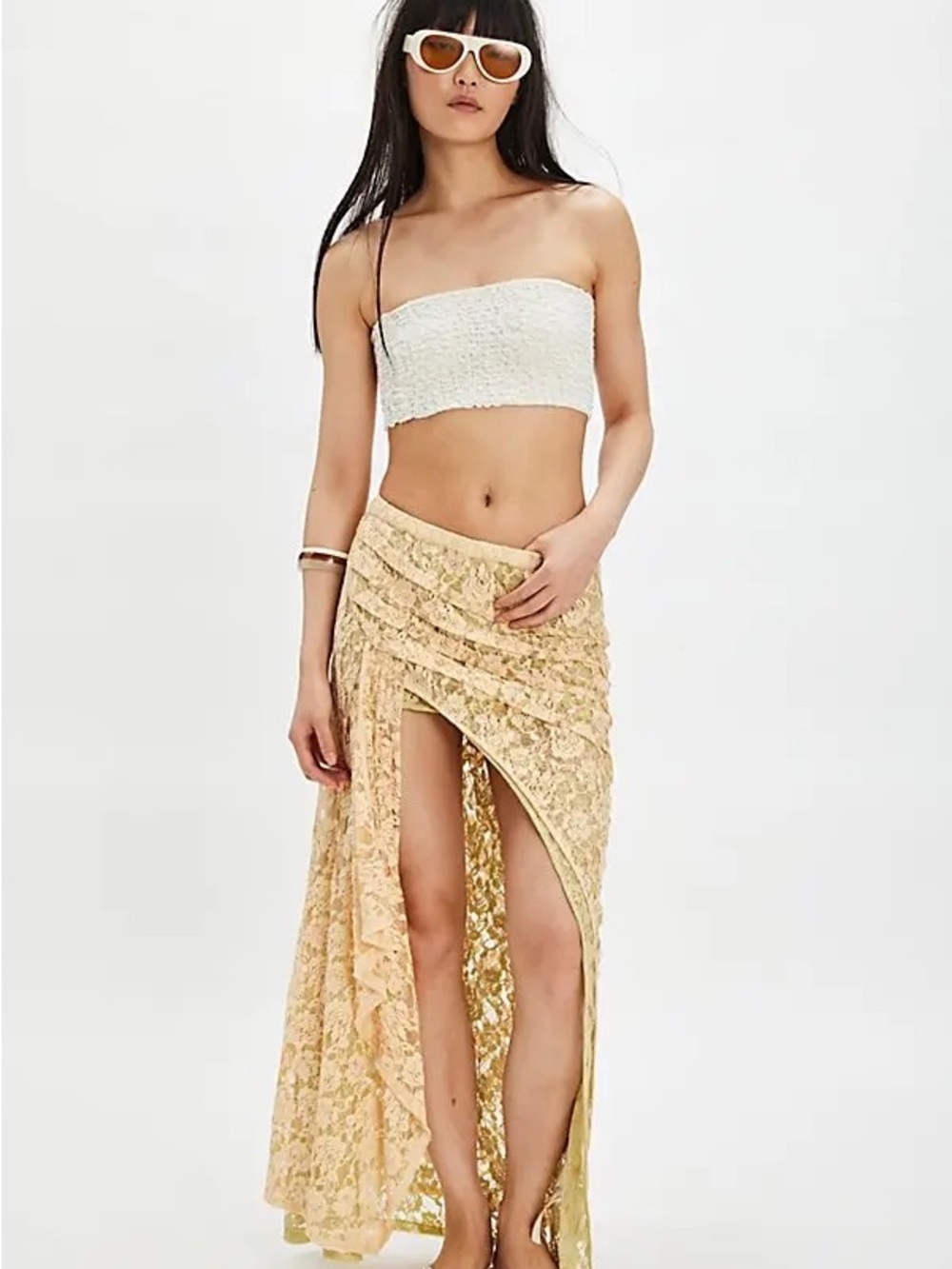 FP One Solene Skirt Lace Maxi Peach Cream High Low Fairycore Boho Size L/XL